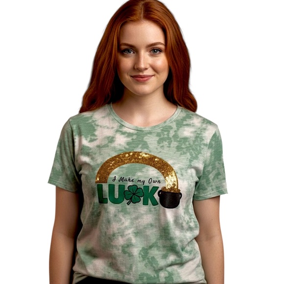 feeling festive Tops - St. Patrick’s Day I make my own luck tee tie dye sequins pot of gold large